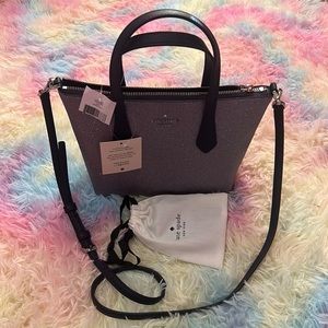 Kate Spade Dusk Navy glitter small satchel and matching slim card holder.